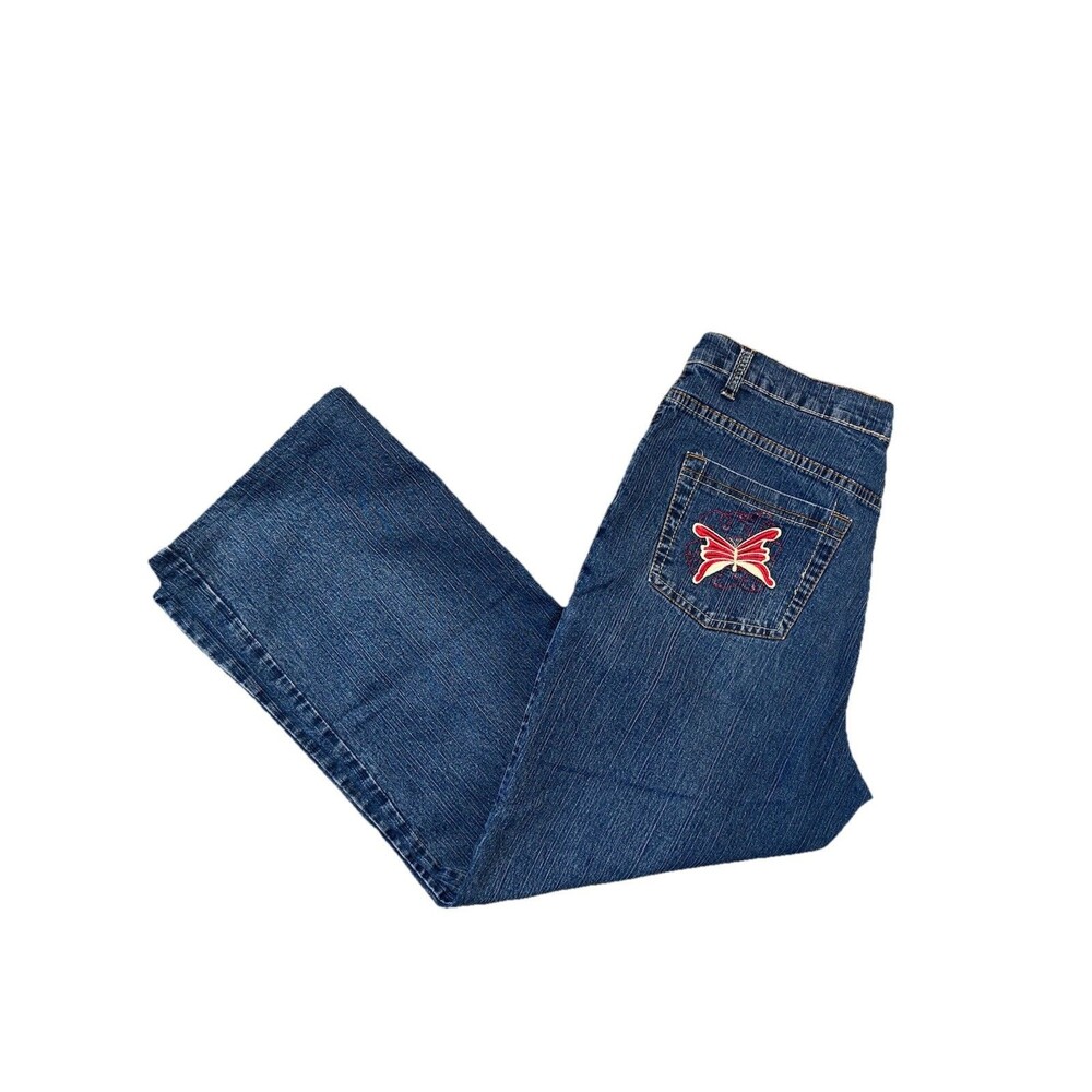 Y2K Ricky Hou Butterfly Embroidered Wide Leg Jeans Slub Denim Size 34 Retro
